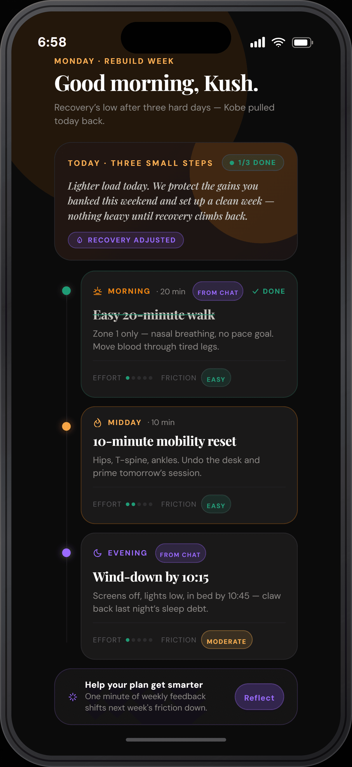 Maza daily plan showing three small steps on an iPhone